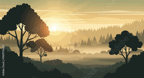 Serene Forest Landscape at Sunset with Golden Haze and Silhouetted Trees
