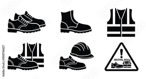 Construction safety equipment including boots vests and a hard hat