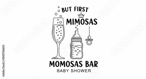 Champagne glass, baby bottle, pacifier graphic with text for a baby shower