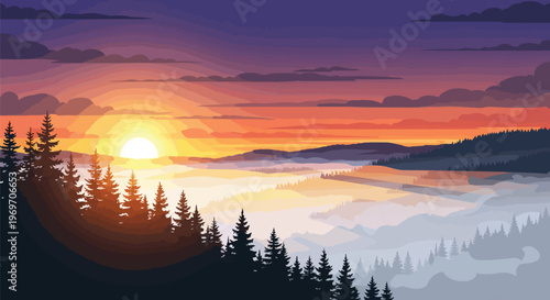 Pixel Art Landscape with Pine Forest and Misty Sunrise