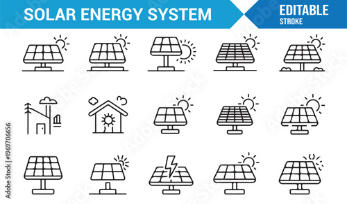 Sustainable solar energy icons collection for modern renewable technology