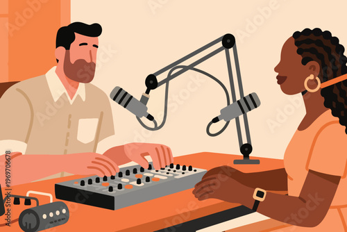 Two people podcasting with microphone and mixing console, stylized vector illustration of audio production.