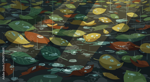 Autumn Leaves Floating in Rainy Puddle with Sunlight Beams