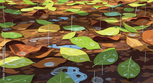 Raindrops Falling on Colorful Autumn Leaves and Puddles