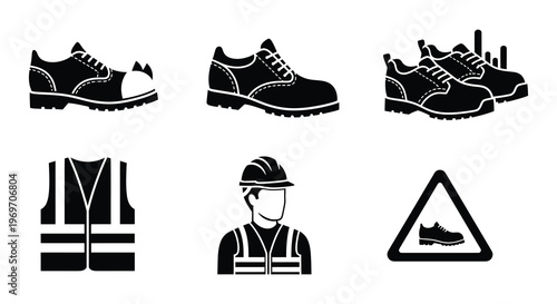 Construction safety equipment including boots vests and a hard hat