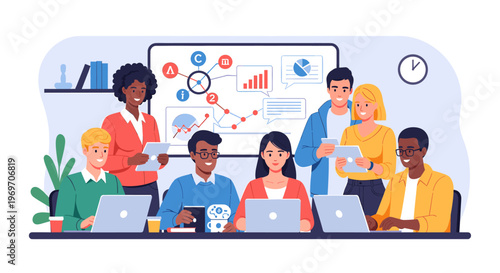 A stylized illustration of a woman working on a laptop, surrounded by greenery. Ideal for conveying themes of productivity, remote work, and a positiv