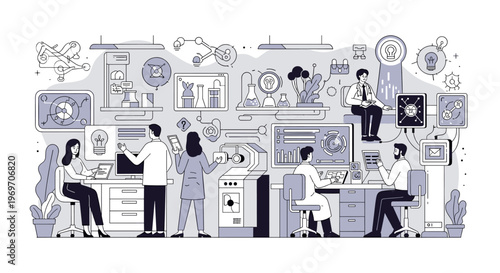 A minimalist illustration depicting a woman focused on her work at a desk. Ideal for conveying themes of productivity, modern workspace, or profession