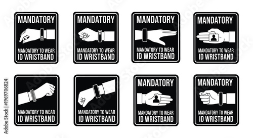 Black and white icons depicting wearable device safety and access