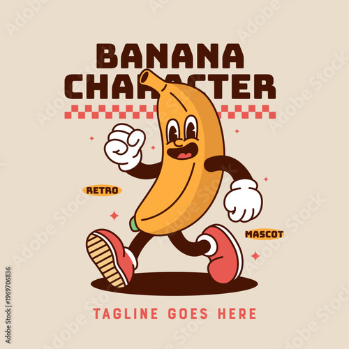 Vintage rubber hose banana mascot running energetically with clenched fist, joyful expression. Full color retro fruit character.