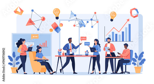 A modern illustration depicts a woman using a laptop near a potted plant. Ideal for representing remote work, wellbeing, or a balanced lifestyle in di