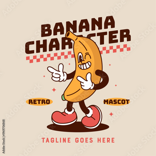 Vintage rubber hose banana mascot walking with finger gun gesture and playful winking expression. Full color retro fruit character.