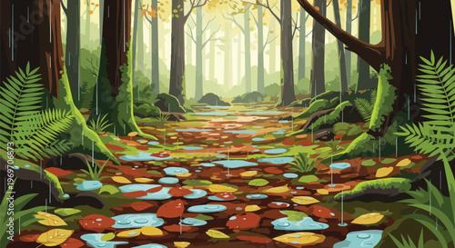 Rainy Autumn Forest Path with Colorful Fallen Leaves and Puddles