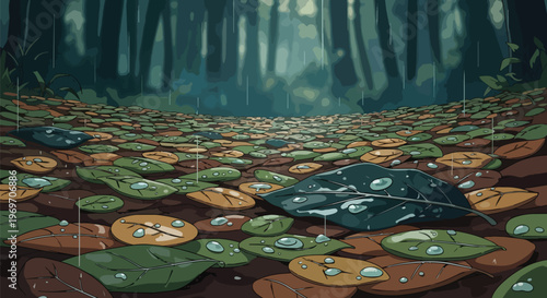Rainy Forest Floor with Fallen Autumn Leaves and Water Droplets