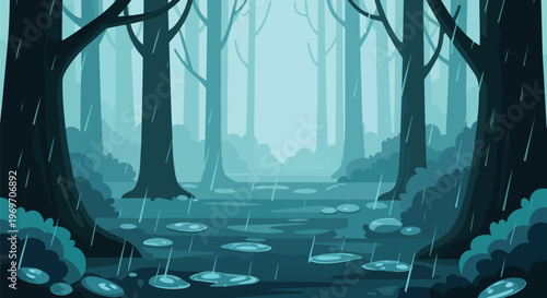 Rainy Forest Landscape with Puddles and Misty Trees Illustration