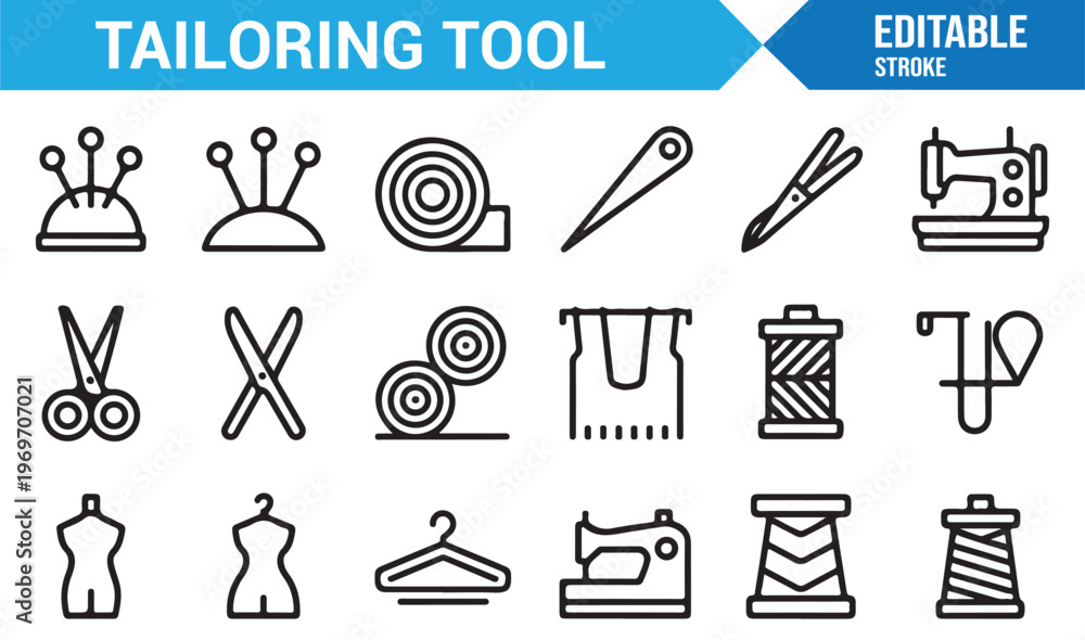 Fototapeta premium Tailor equipment symbols set with needle thread scissors mannequin and iron