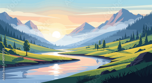 Serene Mountain Valley Landscape with Winding River at Sunrise