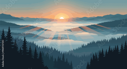 Stunning Sunrise Over Misty Mountain Forest Landscape Vector Illustration
