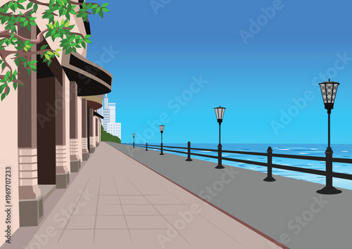 The resort town's embankment, with its old houses, small shops, sidewalk, and railings, is drawn in perspective. Hand-drawn vector illustration.