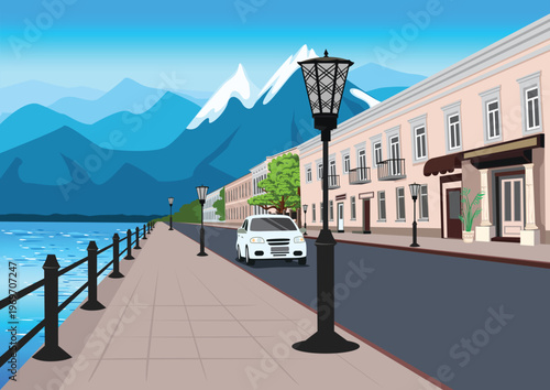 A car drives along the embankment of a resort town with old houses, small shops, sidewalks, and railings, drawn in perspective. Hand-drawn vector illustration.