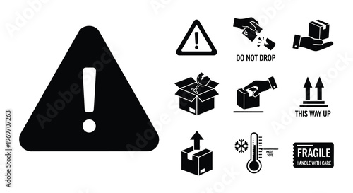 Collection of black and white fragile shipping and handling warning signs