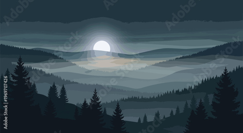 Minimalist Night Landscape with Moon Over Misty Forest Mountains