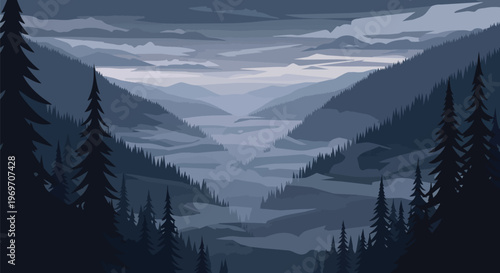 Minimalist Blue Mountain Valley Landscape Illustration