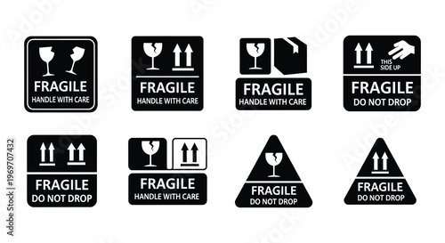 Collection of black and white fragile shipping and handling warning signs
