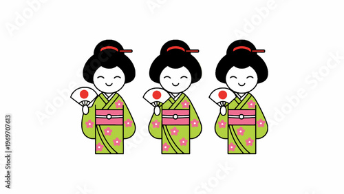 Japanese Geisha Girls Illustration wearing Green Kimono with Fans