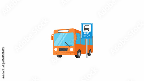 Orange city bus parked at bus stop sign illustration