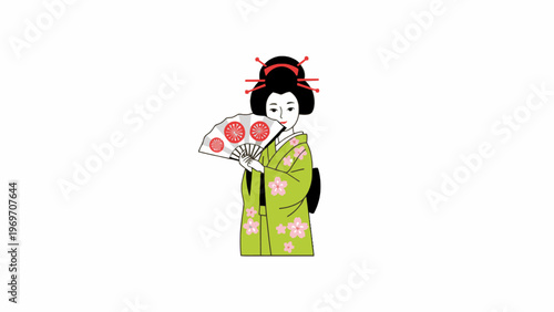 Japanese Geisha Wearing Green Kimono Holding a Fan Illustration