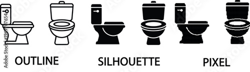 Minimalist black and white toilet commode icons in various styles on transparent background