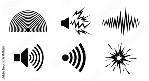 Black and white graphic depicting sound waves and speaker symbols