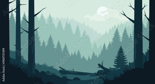 Minimalist Forest Landscape with Silhouetted Pine Trees and Foggy Atmosphere