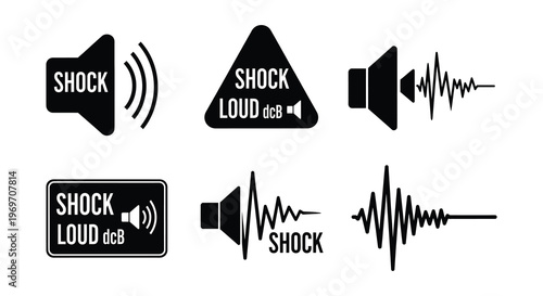 Black and white graphic depicting sound waves and speaker symbols