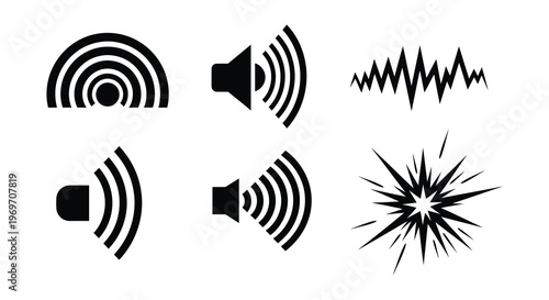Black and white graphic depicting sound waves and speaker symbols