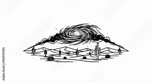 Desert landscape under a swirling storm cloud and vortex