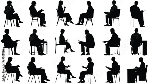 Set of patient consultation silhouettes with seated interaction and clinic discussion poses