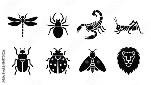 A collection of various insects and animals depicted in a stark black silhouette style silhouette high quality professional detailed modern elegant
