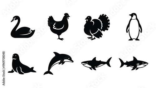 A collection of various bird and marine animal silhouettes including a swan chicken penguin and shark silhouette high quality professional detailed