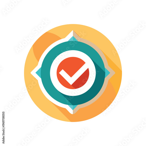 A stylized circular icon with a checkmark inside symbolizing success and approval
