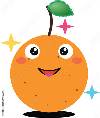Cartoon Orange Character Illustration With A Big Happy Smile And Sparkling Stars, Symbolizing Healthy Eating, Freshness, And Cheerful Positive Emotions