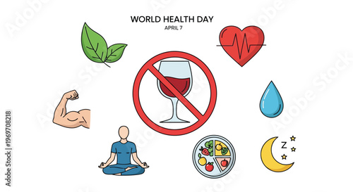 World Health Day flat vector icons representing healthy lifestyle choices