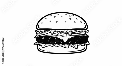Detailed black and white illustration of a large, multi-layered burger with lettuce, cheese, and onions
