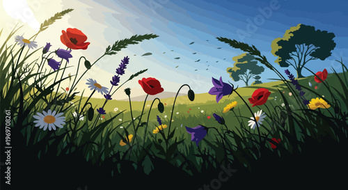 Vibrant Wildflower Meadow Landscape with Blooming Poppies and Daisies Under a Sunny Blue Sky