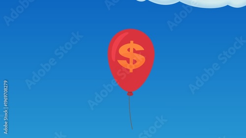 Visualizing economic inflation and wealth growth with a red dollar balloon rising through a blue sky with clouds. (loopable)