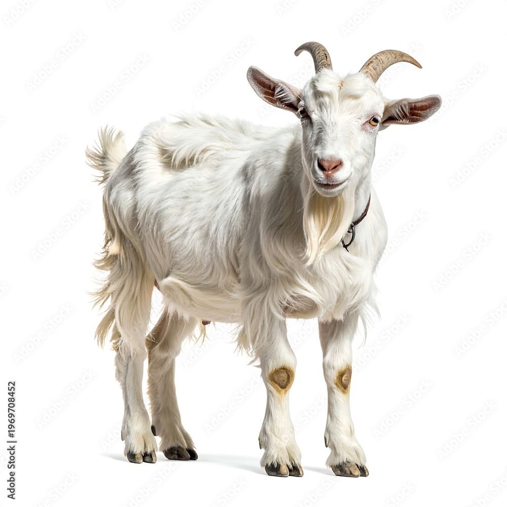 Fototapeta premium A white goat with curved horns and a collar stands on a plain background
