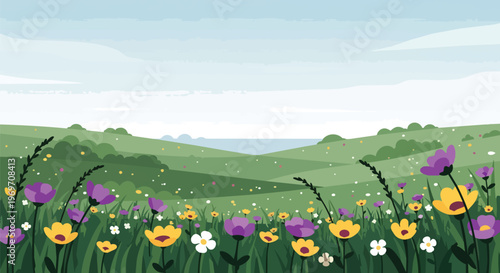 Beautiful Spring Meadow with Wildflowers and Rolling Hills Illustration