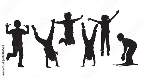 Kids playing silhouettes set with jumping and handstand poses, black vector illustration