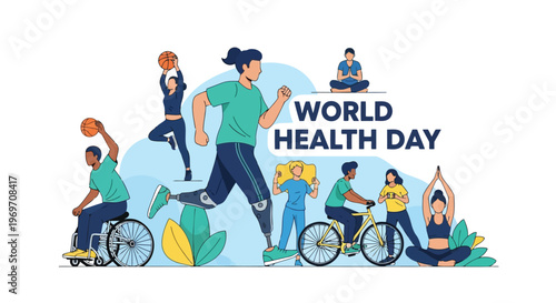 Diverse people exercising and staying active on World Health Day theme