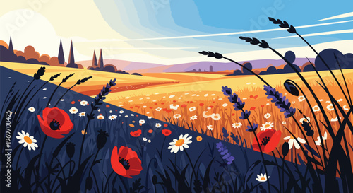 Beautiful Summer Meadow Landscape with Poppies and Daisies in Flat Vector Illustration Style